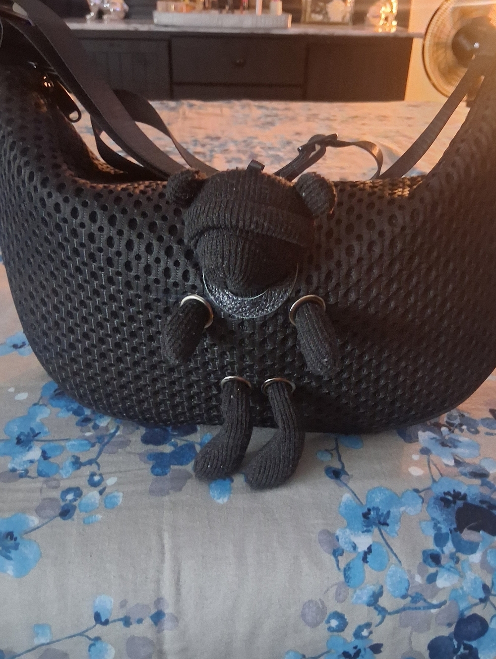 Large Textured Black Shoulder Cross Body Bag with Built In Bear Charm